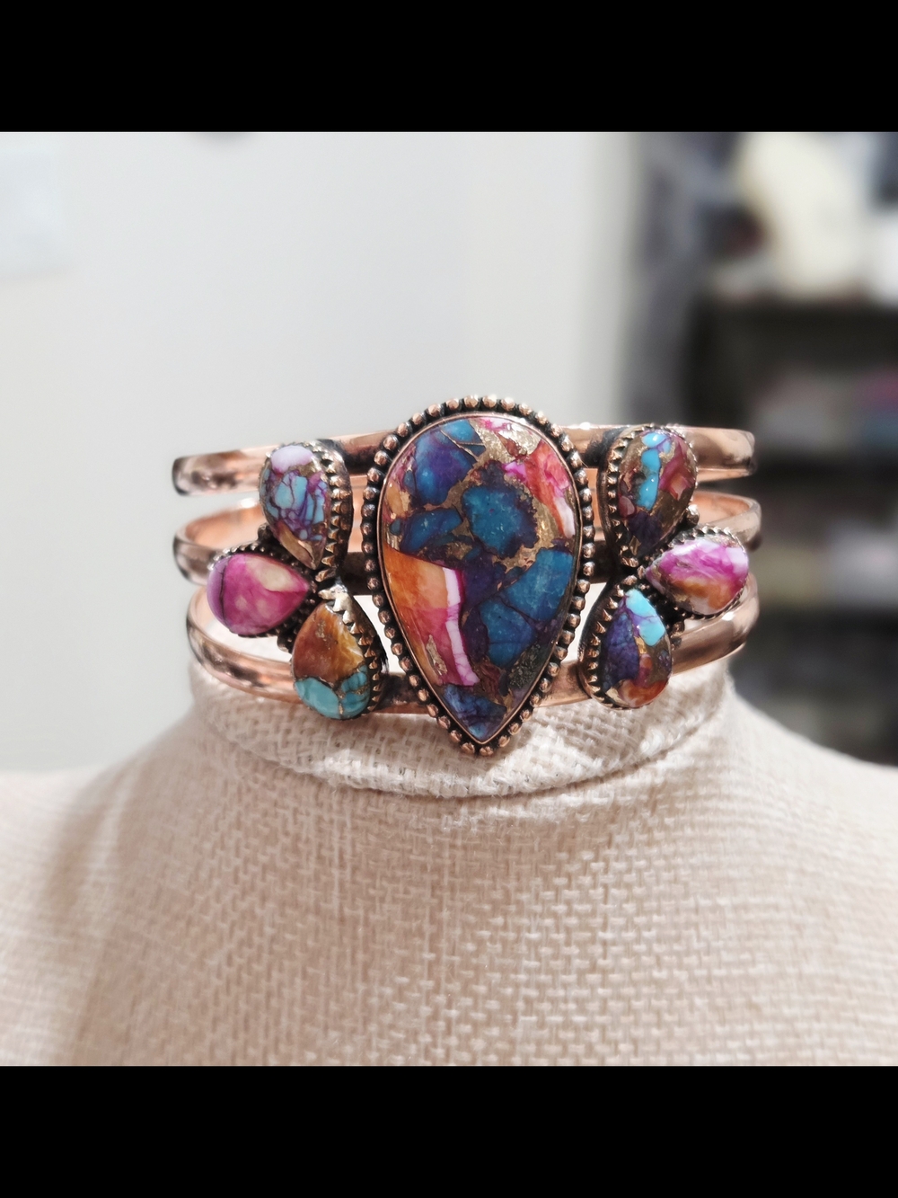 Multi-Color Turquoise Stone Teardrop Cuff Bracelet - Women Jewelry
